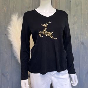 Croft & Barrow Black with Gold Reindeer Long Sleeve Top Size Medium